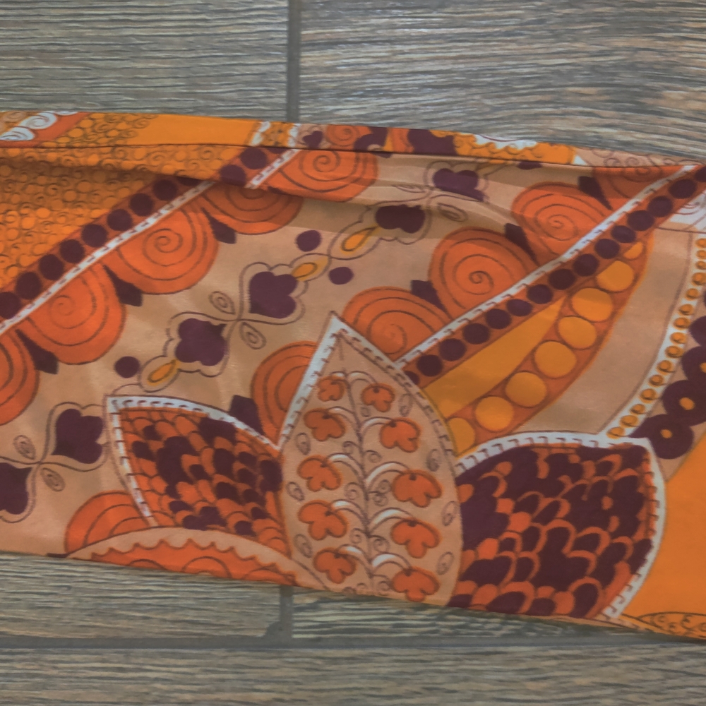 Vibrant Orange and Brown Patterned Vintage Head  Scarf 54  Inches